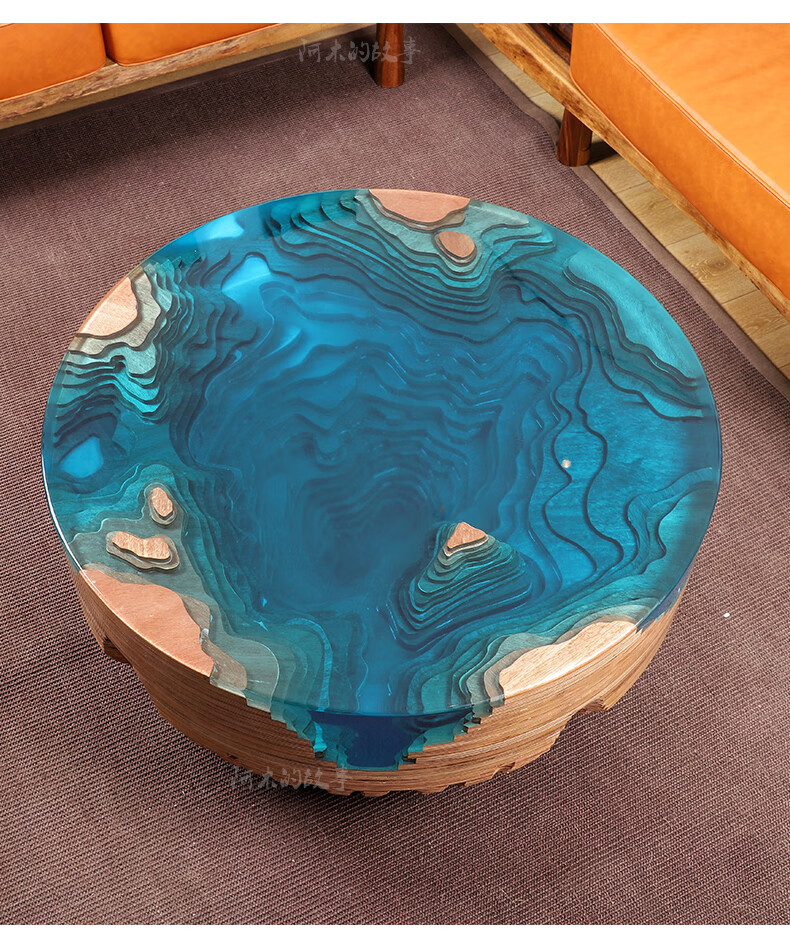 新款河流桌茶几创意艺术环氧树脂深渊河流桌茶几现代简约实木圆形会