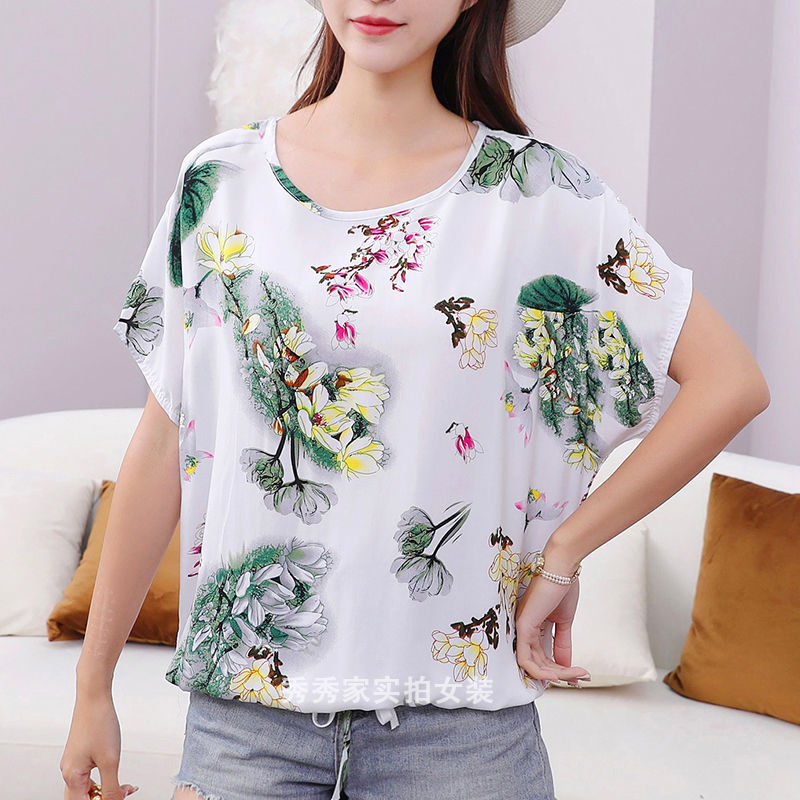 夏薄款宽松显瘦棉绸衫加肥加大休闲t恤短袖人造棉碎花上衣潮w37牡丹花