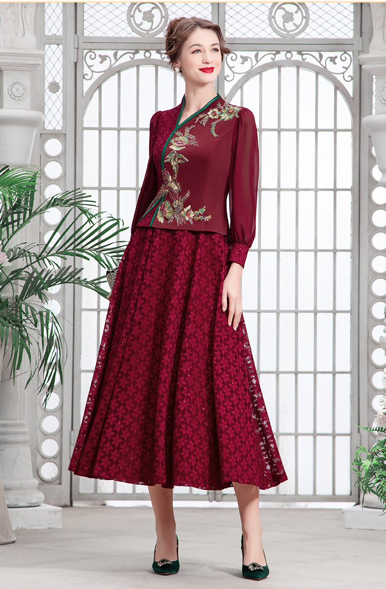 名兰世家喜婆婆礼服红色长裙优雅气质刺绣妈妈婚宴装连衣裙红色202m