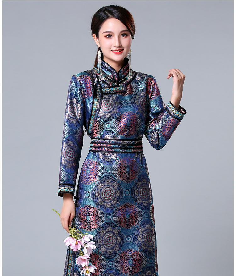 蒙古族服装女长款传统蒙古袍手工盘扣蒙古族舞蹈演出服少数民族服饰