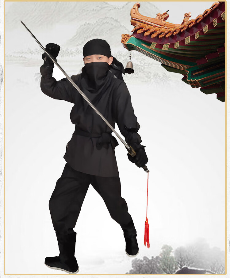 米集古装夜行衣男套装客古代黑色麻丁料蒙面杀手忍者盗贼影视剧古装麻