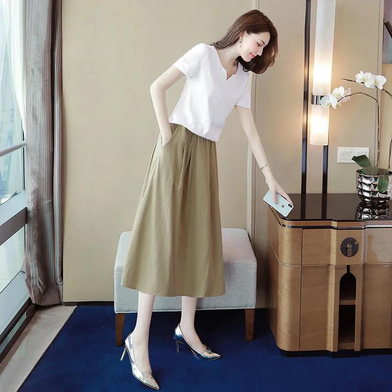 搭配半身裙的上衣子两女夏季时尚小香风纯色v领休闲套装 藏青色【单条