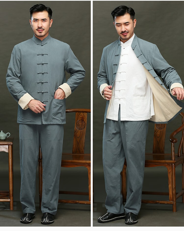 中老年男唐装棉麻唐装男秋冬长袖套装中国风男装汉服亚麻外套居士服天