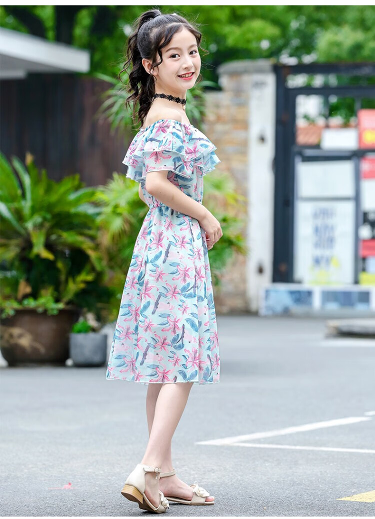 新款3-15岁儿童洋气公主裙中大童装13岁露肩雪纺裙小女孩长裙沙滩裙