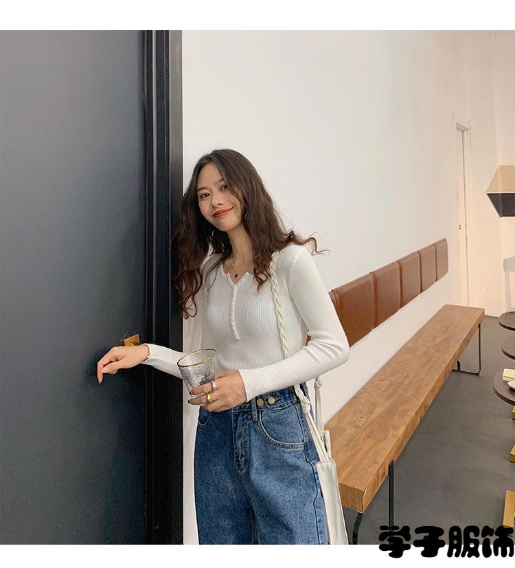 外穿减20秋冬v领紧身上衣女毛衣薄长袖黑色短款内搭修身针织打底衫