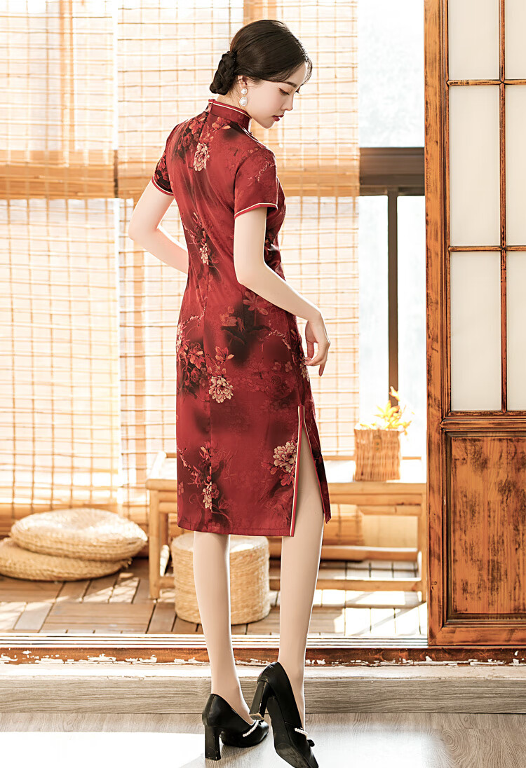 恒源祥官方【特价捡漏】2022新款旗袍改良印花过膝中长款短袖夏季薄