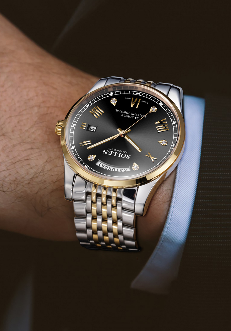 京选品质梭伦手表男机械表防水双日历男士手表全自动时尚品牌名表夜光