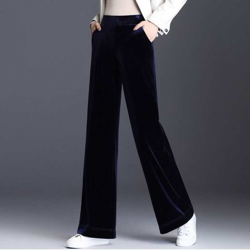 金丝绒阔腿裤女新款高腰宽松垂感运动休闲拖地裤直筒长裤黑色阔腿裤