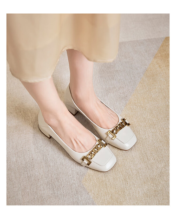 香香莉女鞋21年季款单鞋粗跟方头金属装饰简约优雅女鞋 红色 36【图片