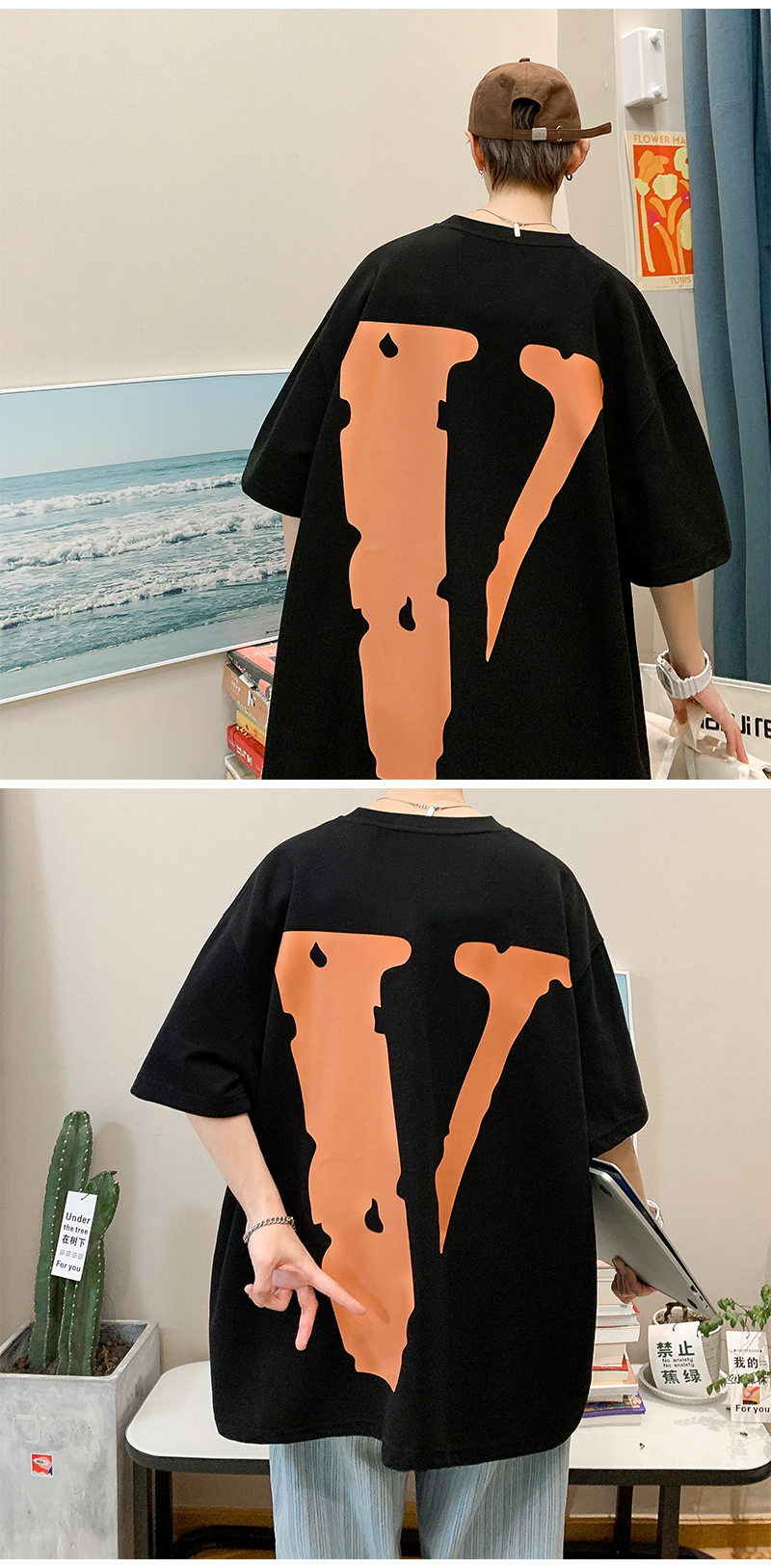 岱言夏季潮牌大v字印花短袖t恤男ins宽松圆领半袖体恤港风休闲五分袖