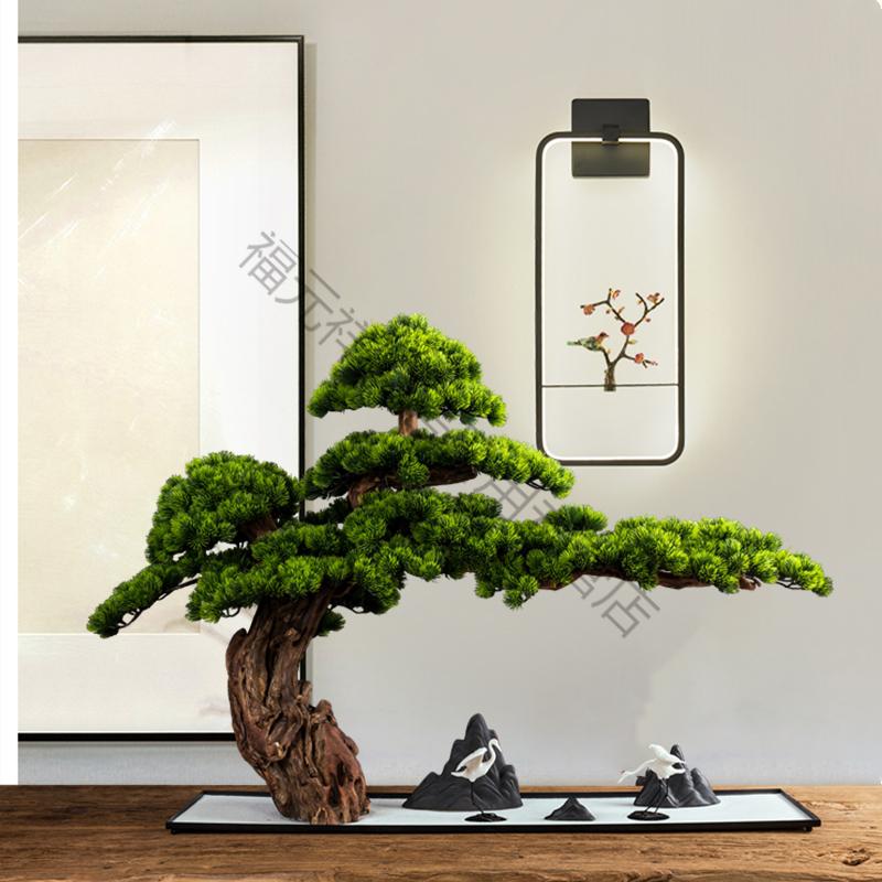 客厅实木仿真迎客松酒店桌面玄关绿植物假松树罗汉松盆景室内摆件绿d