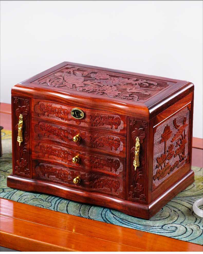 缕燊红木首饰盒实木中式珠宝盒黄金收纳盒木质多层订婚结婚嫁妆盒天作
