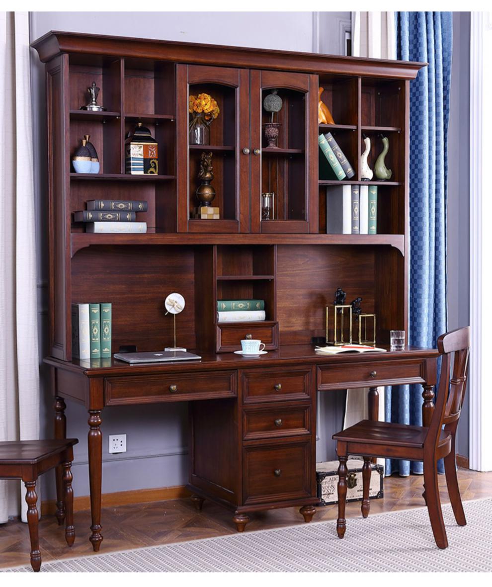全实木美式双人书桌书架书柜组合欧式一体家用电脑桌书房套装家具