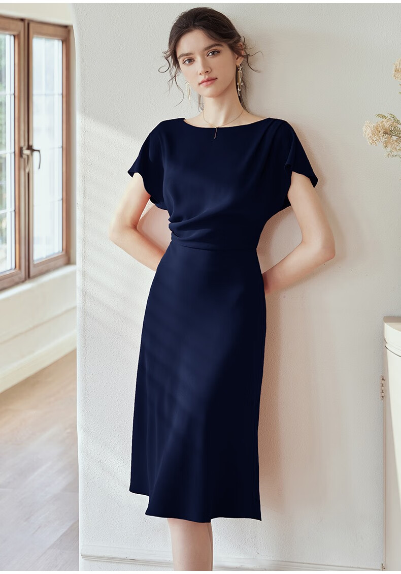 roeyshouse罗衣知性连衣裙女2022夏装新款气质蝙蝠袖褶皱大摆裙06560