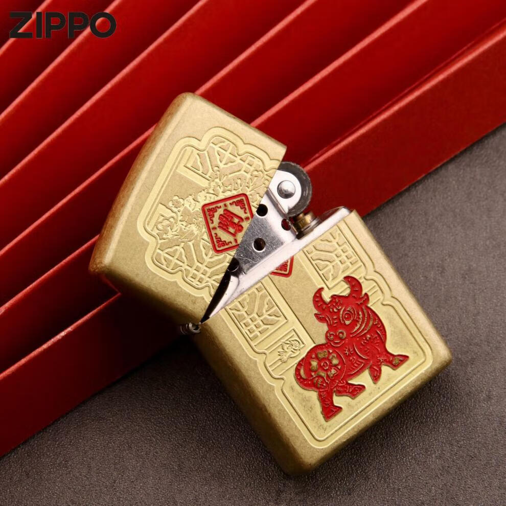 美国zippo打火机 牛年生肖牛年开门见喜纯铜填色煤油打火机【图片