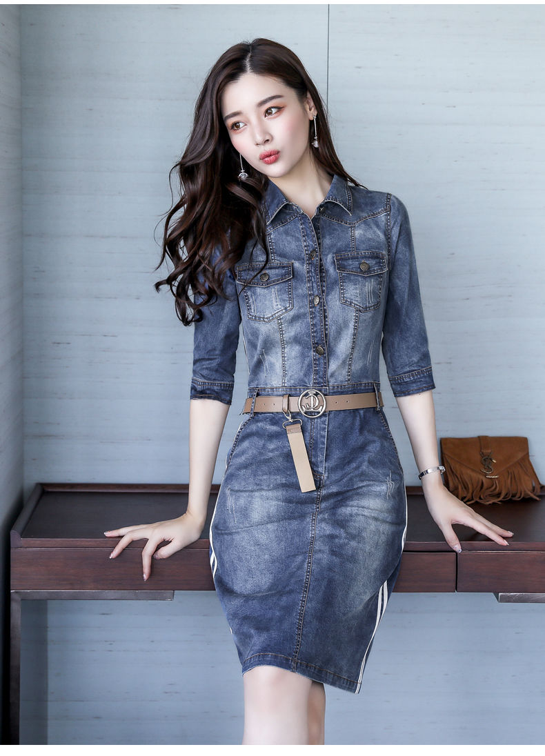 京选好货〗秋装新款女装长袖牛仔连衣裙中长款气质牛仔裙韩版秋季