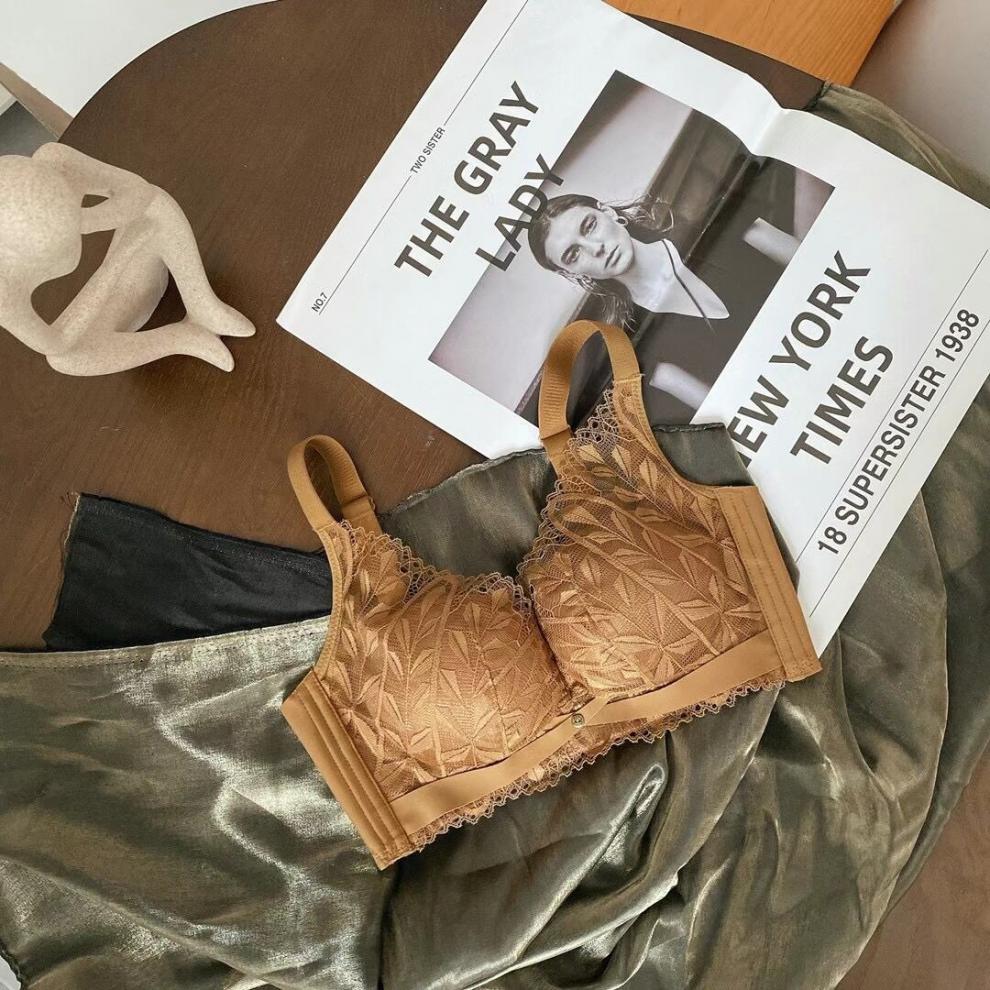 云感棉柔软无钢圈蕾丝内衣女任意裁无痕聚拢调整型收副乳中厚文胸棕色