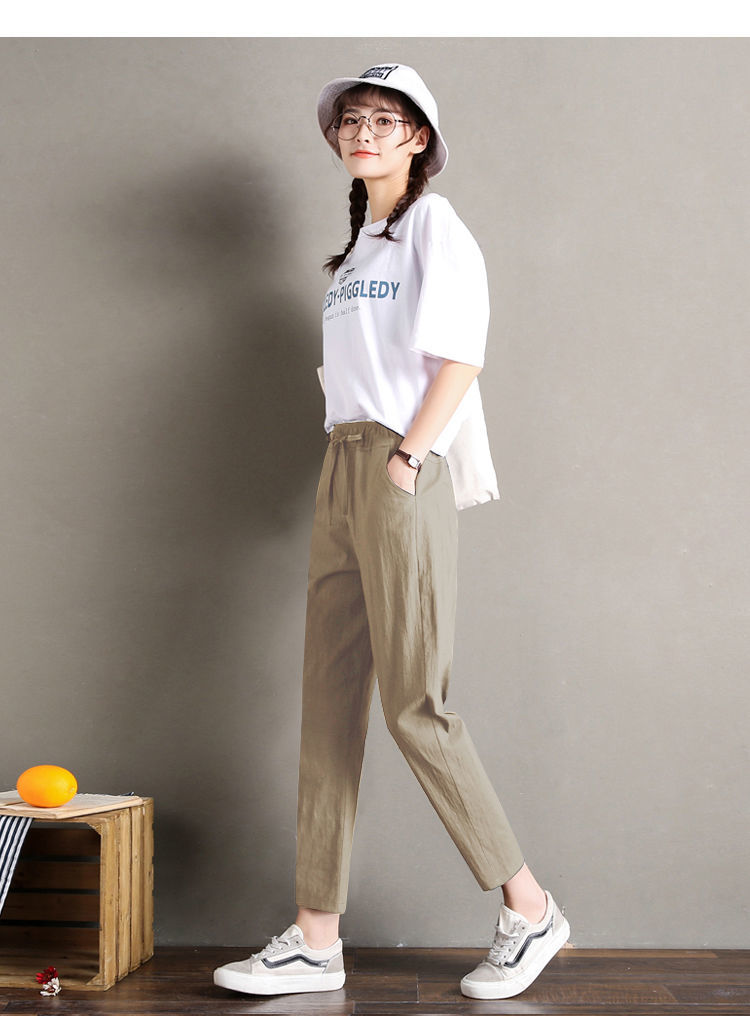 棉哈伦裤女夏季薄款休闲直筒九分小脚裤韩版百搭宽松显瘦萝卜裤卡其色