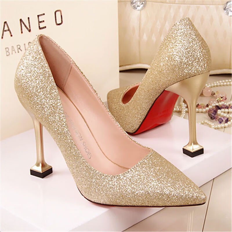 恨天高高跟鞋30cm30-50码 特大码5-10cm工作高跟鞋女浅口细跟亮片尖头