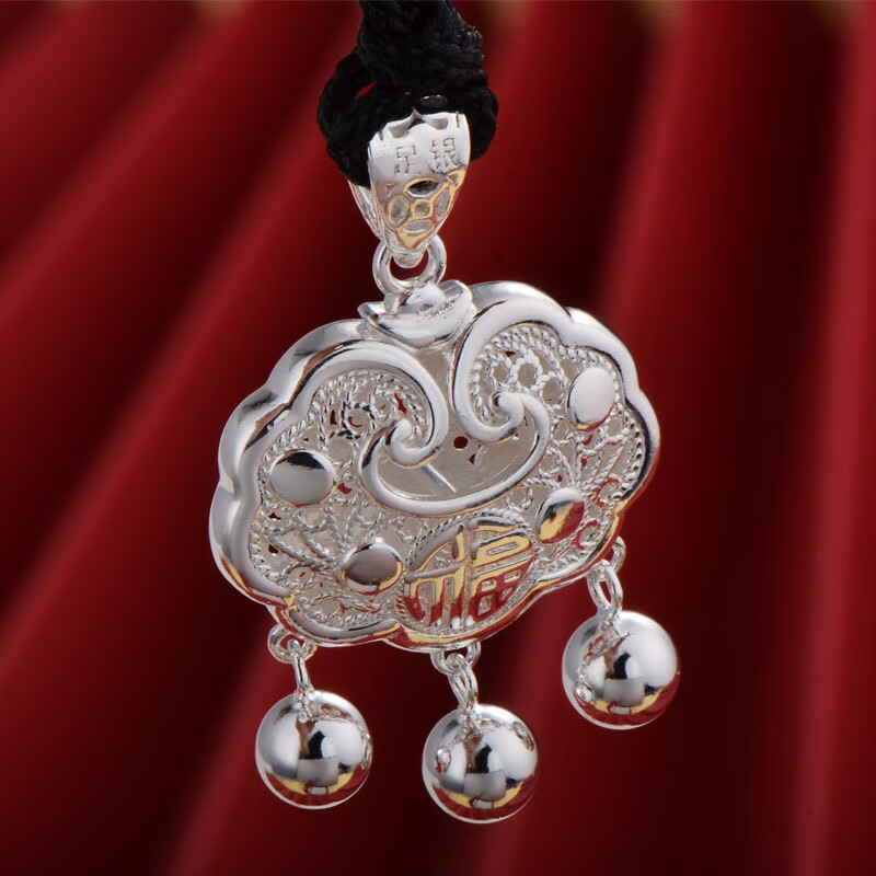 老凤凰花丝如意平安锁项链女银锁包吊坠长命锁银饰珠子小众足银520