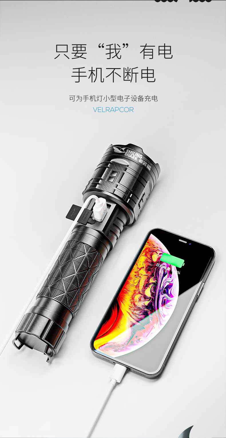 微笑鲨 p90强光手电筒变焦远射led可充电应急灯家用便携式长续航户外