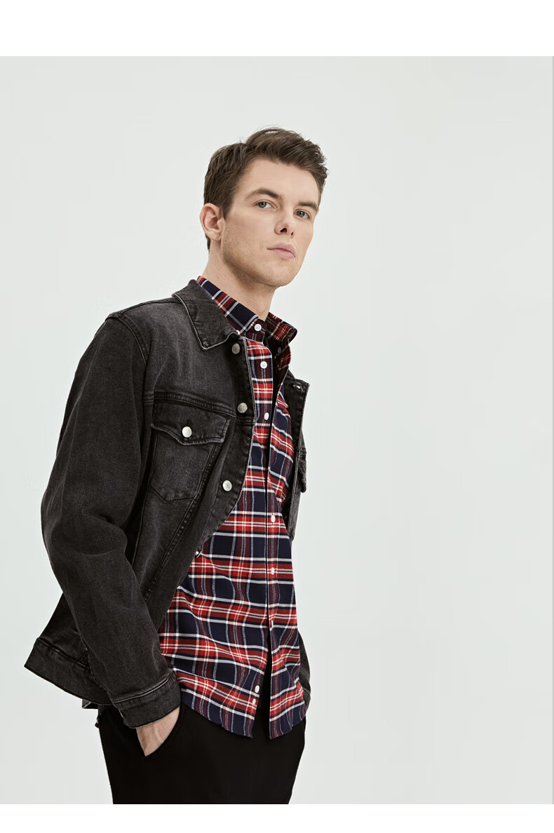 商场高品质潮牌it男格子衬衫春秋款磨毛港风修身格子外套衬衣感男装