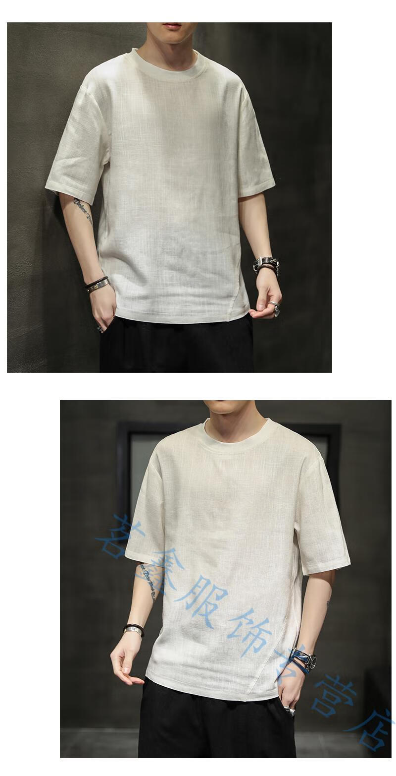 夏天新款男士麻布衣服男夏季麻料男装上衣服装男式纯色亚麻短袖t恤夏
