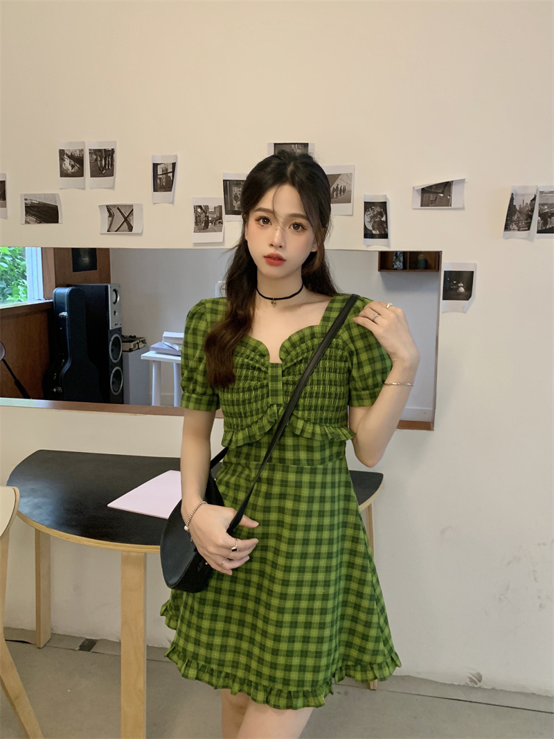 pbmr显白绿色格子短袖连衣裙女法式方领收腰显瘦a字裙 绿色格子-长款