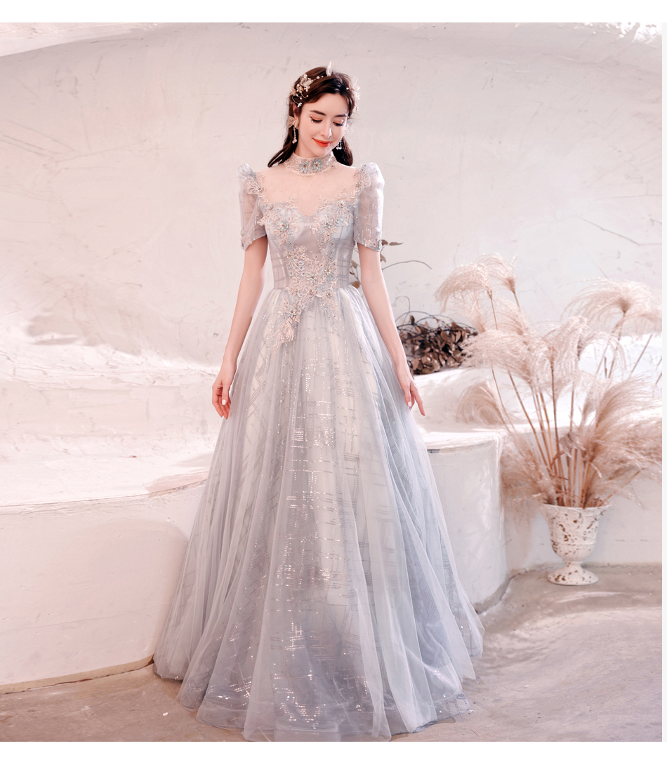 裙子女夏季新款性感灰色星光晚宴会新娘婚纱晚礼服连衣裙子女e17银色