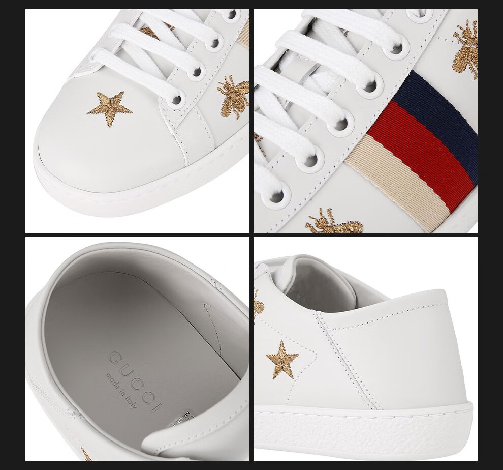 gucci古驰新品女士经典款小蜜蜂小白鞋休闲鞋女鞋498205axwq0白色35