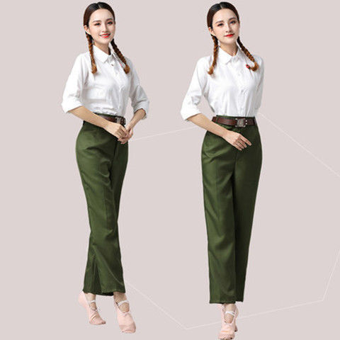 咚憬 芳华绿演出服知青怀旧服装文革抗战年代红2022 白衬衣 胸章 m