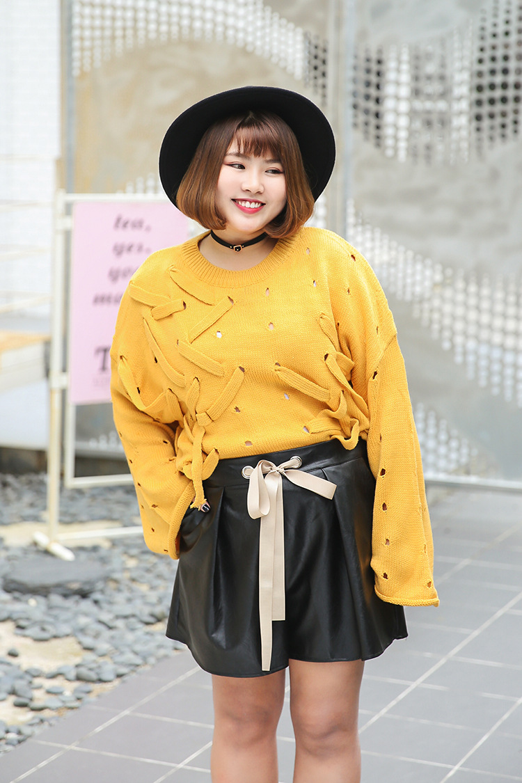 秋冬新款韩版胖人服饰大码女装洞洞穿绳毛衣加大加肥 黑色 均码【图片