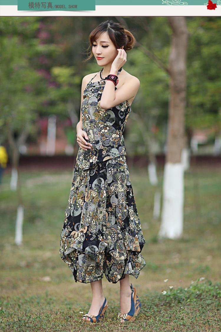 橘色霓裳*XC8090  2015民族风夏新款女装 精麻印花吊带+裙两件套 白色 均码