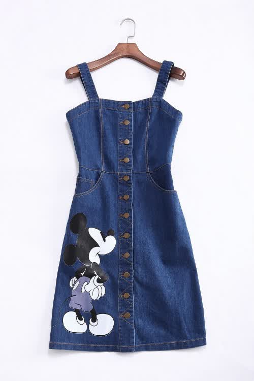 axbaby2015春夏新款女装米老鼠吊带开衫洗水牛仔连衣裙服饰 蓝色 l
