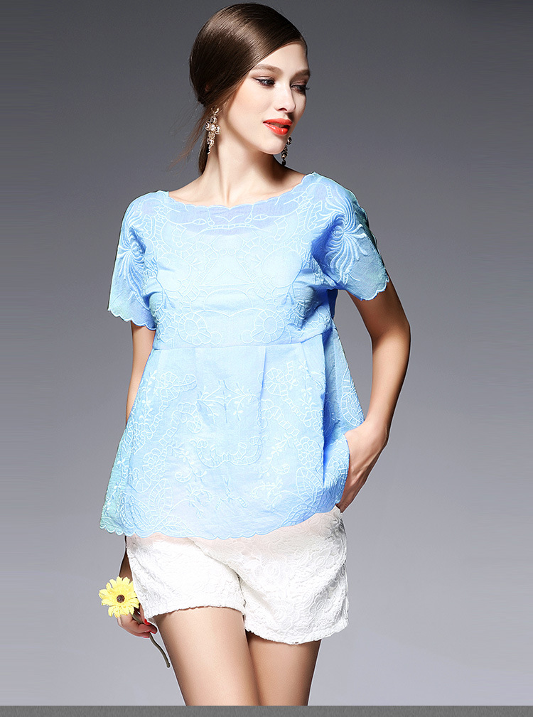 哈密2016夏季欧美新款女装修身泡泡纱时尚绣花高腰圆领t恤两件套5571