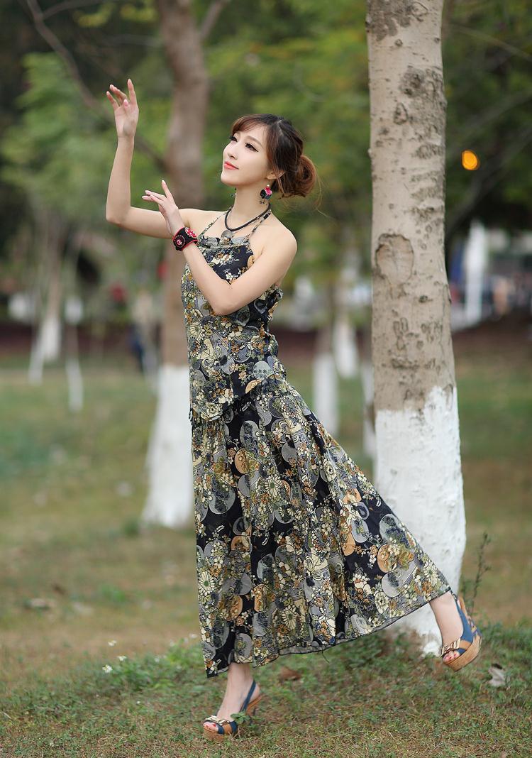 橘色霓裳*XC8090  2015民族风夏新款女装 精麻印花吊带+裙两件套 白色 均码