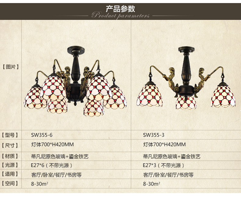 世为SEEWEE 地中海客厅吊灯 创意蒂凡尼餐厅灯饰大气欧式田园卧室吊灯具 三头款