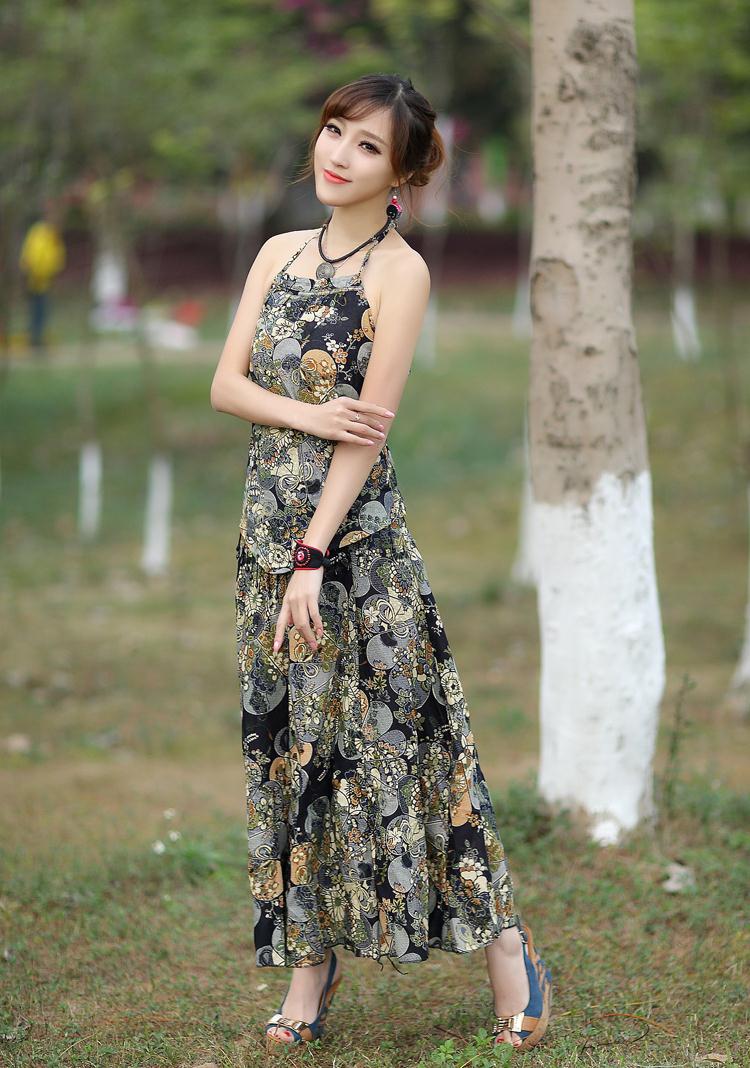 橘色霓裳*XC8090  2015民族风夏新款女装 精麻印花吊带+裙两件套 白色 均码
