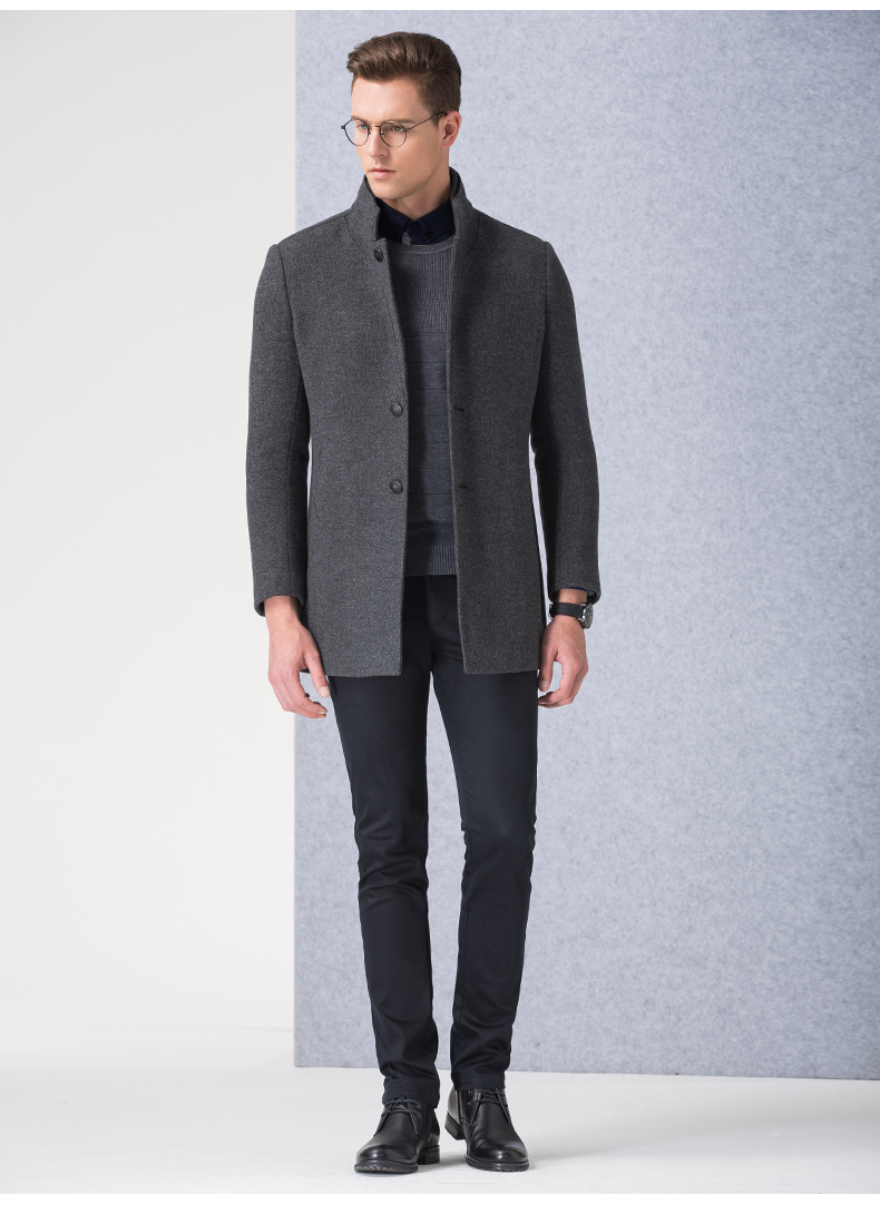 才子男装 西服大衣男士年秋冬新款立领三粒单排扣修身时尚西服大衣