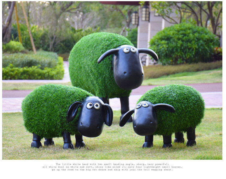 户外园林仿真绿雕动物小羊肖恩植绒草皮羊装饰花园摆件玻璃钢雕塑 一