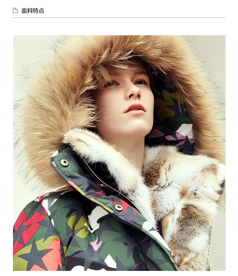 欧迪鸟品牌女装2019新款迷彩羽绒服女中长款大毛领厚外套红色迷彩s