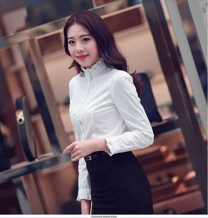 九月女装店*2015秋季新款女式职业白色衬衣 韩版修身长袖打底衫衬衫女式 白色 M