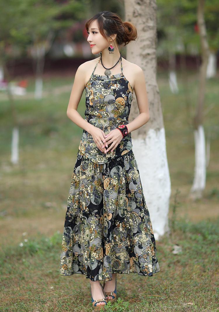 橘色霓裳*XC8090  2015民族风夏新款女装 精麻印花吊带+裙两件套 白色 均码