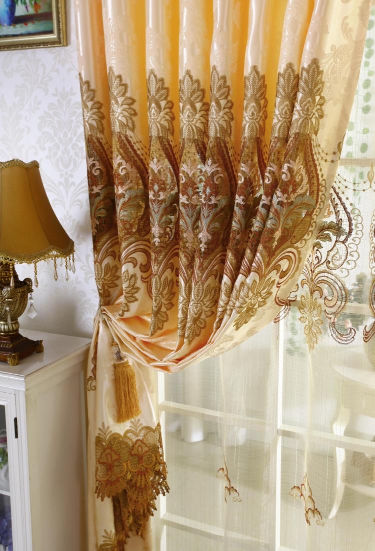 欧式简约现代水溶绣花镂空窗帘布纱定制窗帘成品遮光客厅卧室 浅咖色