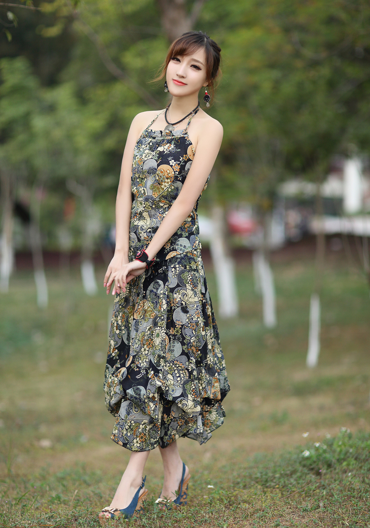 橘色霓裳*XC8090  2015民族风夏新款女装 精麻印花吊带+裙两件套 白色 均码