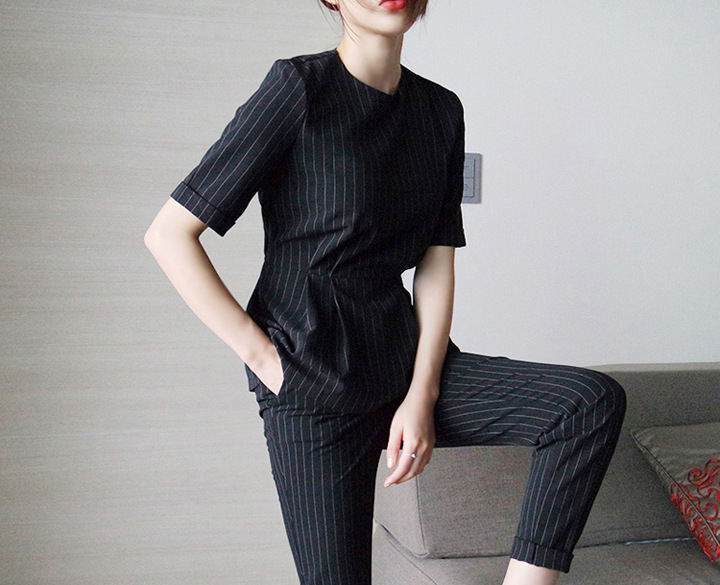 2015韩版女装 夏季新品 时尚显瘦竖条纹职业西服套装5337 黑色 m