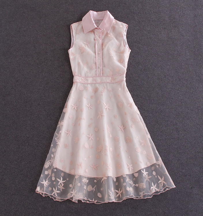 锐彧服饰2015早秋新款 无袖翻领刺绣修身连衣裙wa3009 粉色 s