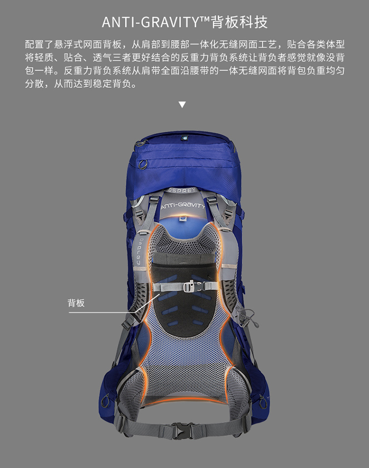 新款osprey小鹰ariel精灵55l 65l户外登山包双肩背包女款徒步包 红色m