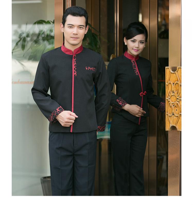 黑蝴蝶酒店餐厅传菜员工作服 长袖男女款制服 秋冬款服装 男红色(上衣