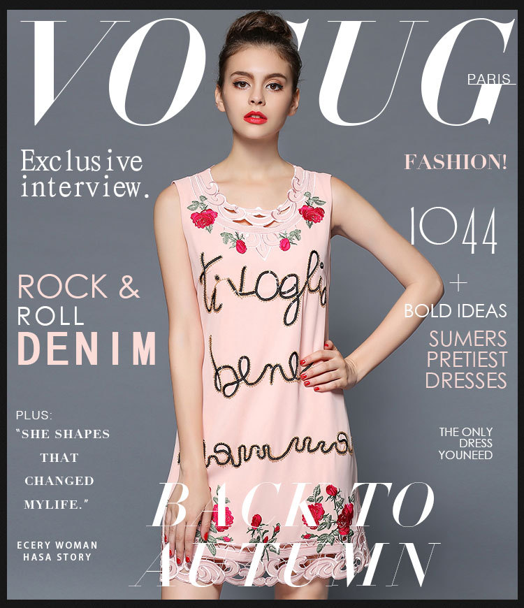 哈密欧洲站2015秋装新款连衣裙 欧美镂空英文绣花亮片无袖a字背心裙女